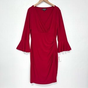 Lauren Ralph Lauren Dress Women’s 14 Red Faux Wrap Office Holiday Festive‎ NEW